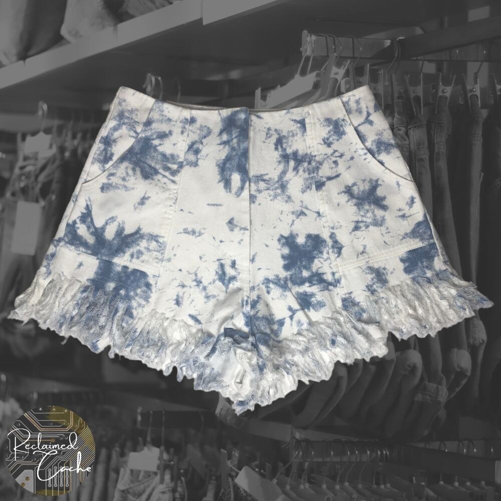 The Sang Denim Bleached High Rise Fringe Shorts  - Size Small